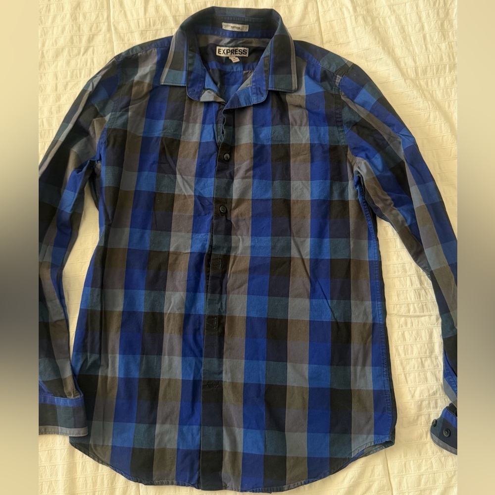 Express Men's Multi-Blue Checkered Shirt